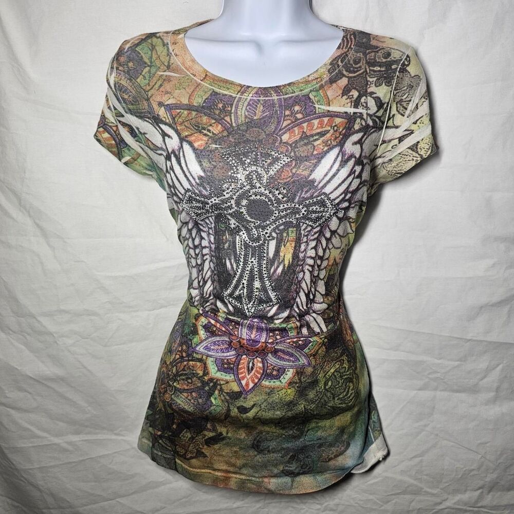 Vintage y2k cyber grunge emo goth cross form fit tee